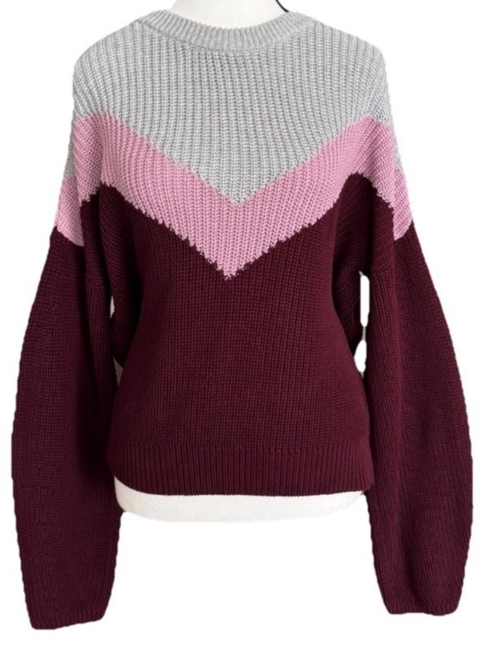 1. STATE Chucky Sweater Colorblock Chevron Knit Crewneck SZ M Burgundy Pink Gray